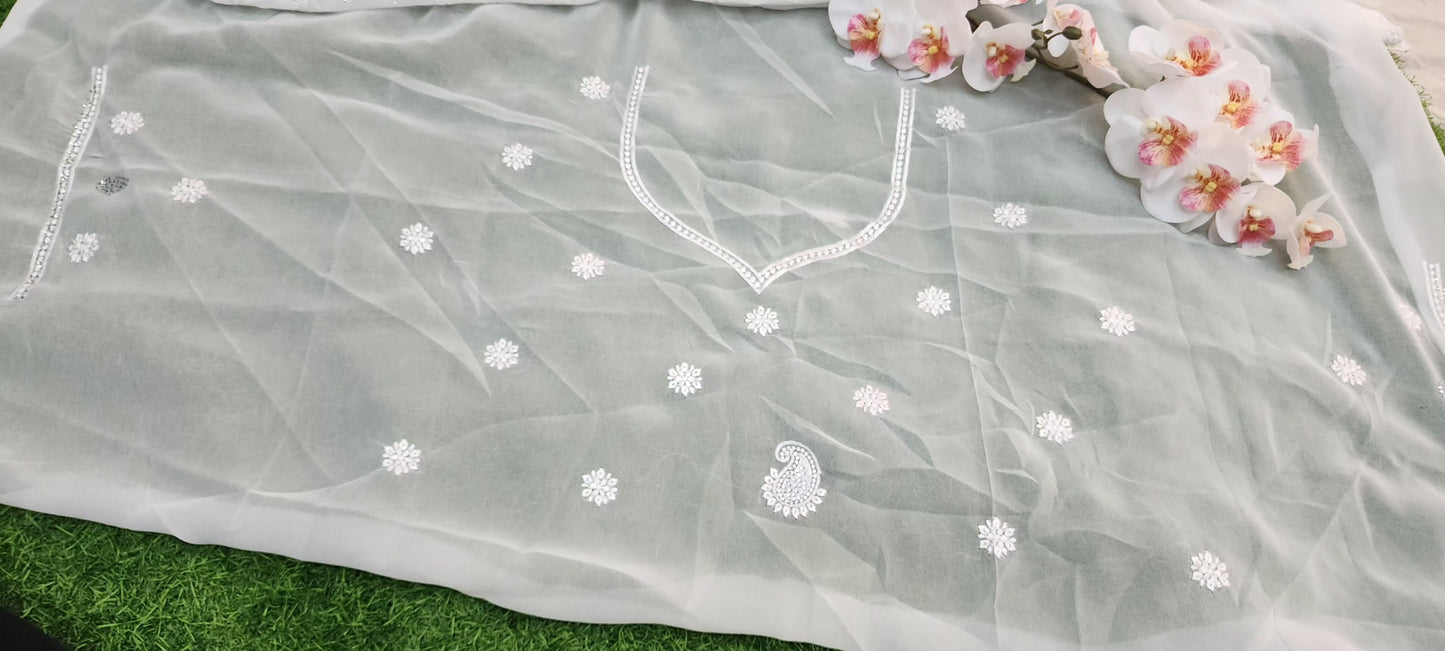 White Georgette Resham Work Silver Stone