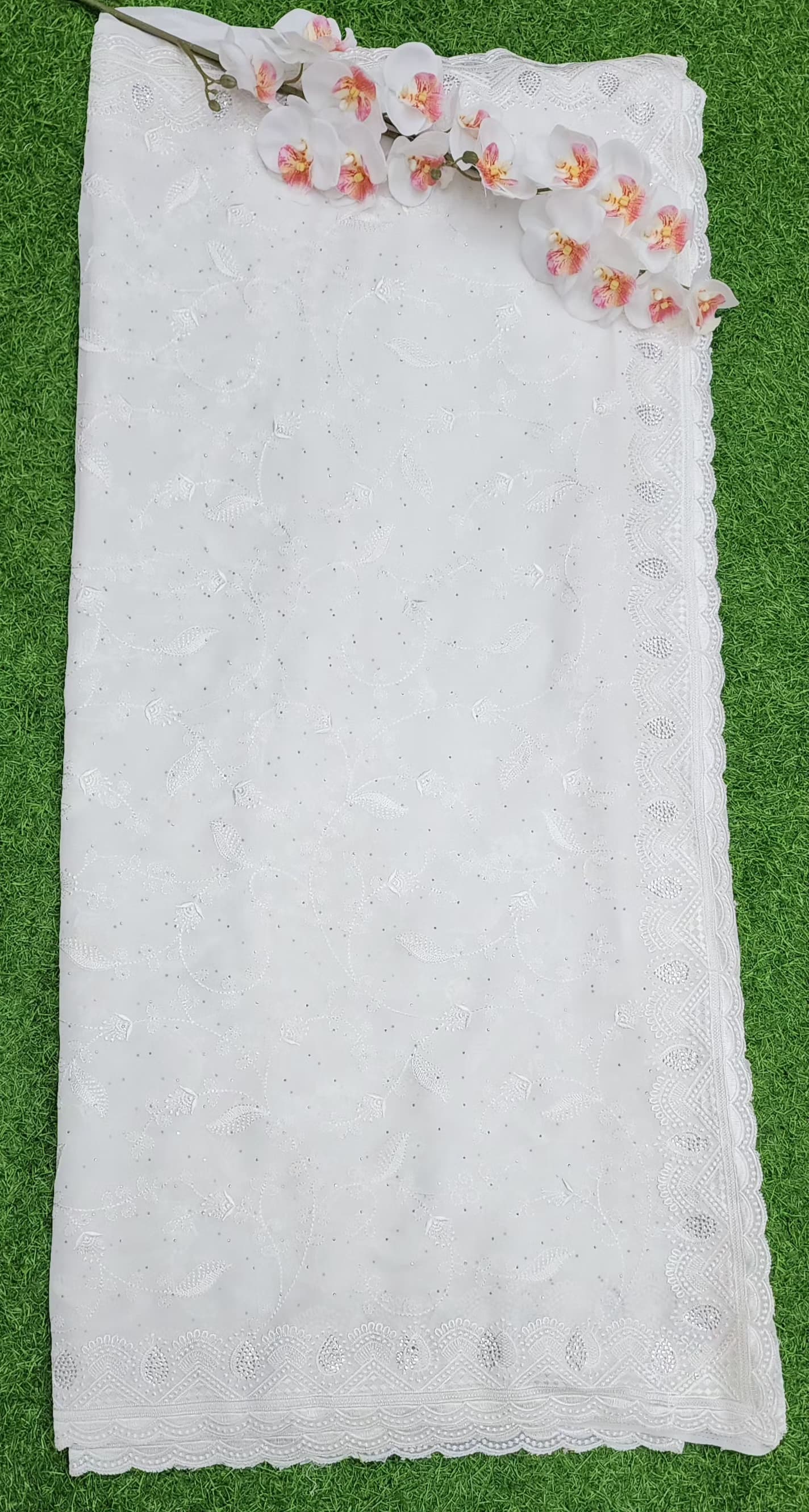 White Georgette Resham Work Silver Stone