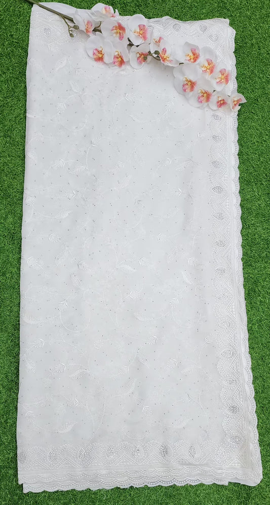 White Georgette Resham Work Silver Stone