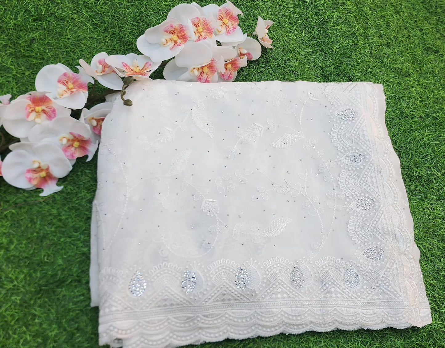 White Georgette Resham Work Silver Stone